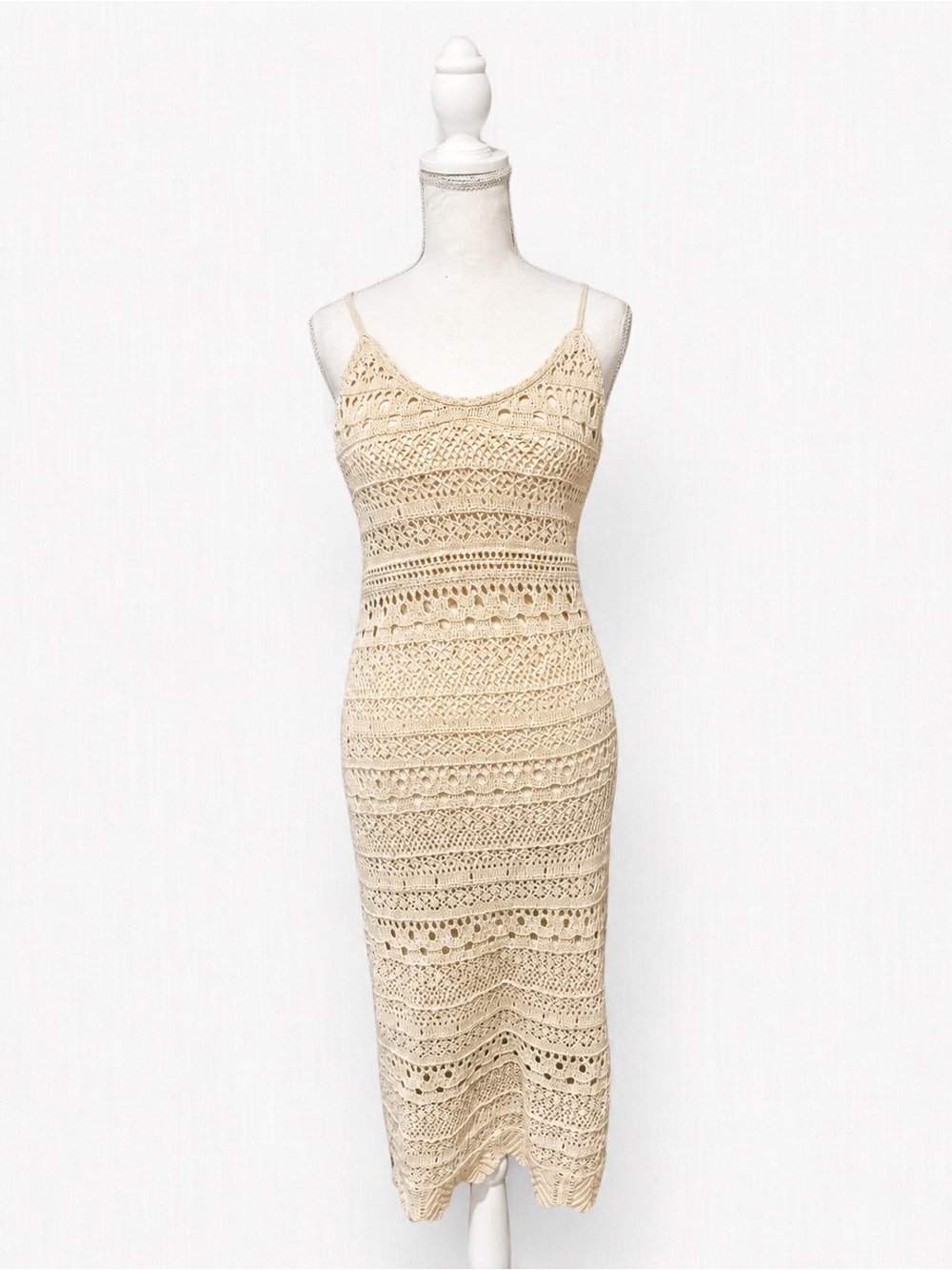 Handmade Crochet Midi Slip Dress in Cream